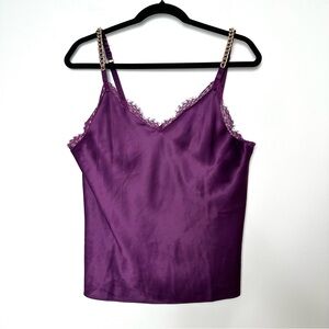 Victoria’s Secret Royal Purple Gold Chain Satin Camisole Lace Y2K Open Back Sexy